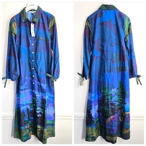 New CELINA MOON Landscape Print Long Sleeve Shirt Midi Dress NWT Small